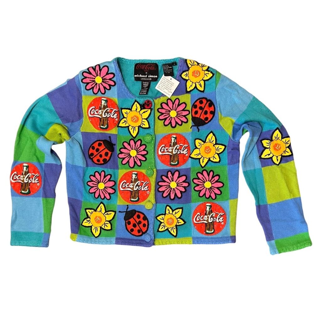 Vintage Michael Simon x Coca-Cola Patchwork Cardigan 90s NWT Medium Rare - Picture 2 of 6